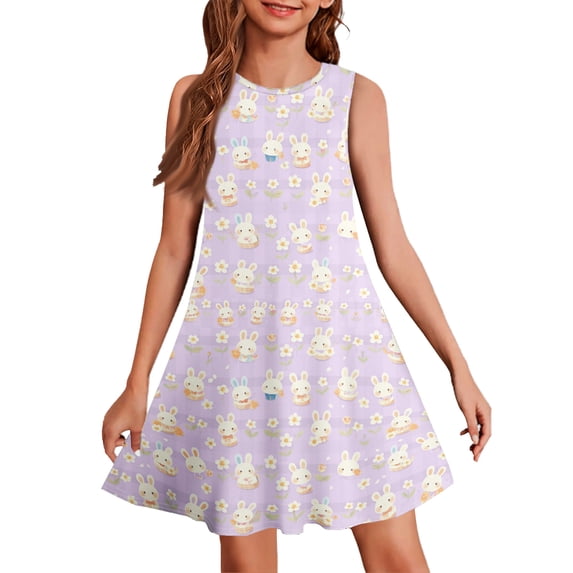 Easter Dresses for Girls Spring Cute Bunny Print Dress Size 4-12 Kids Crewneck Party Dress Sleeveless Easter Dresses for Girls Tween Girls Clothes