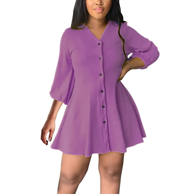 Easter Dresses for Women 2023 Women S Large Size Loose V Neck Casual Solid Color Mid Length Sleeve Shirt Style Dress