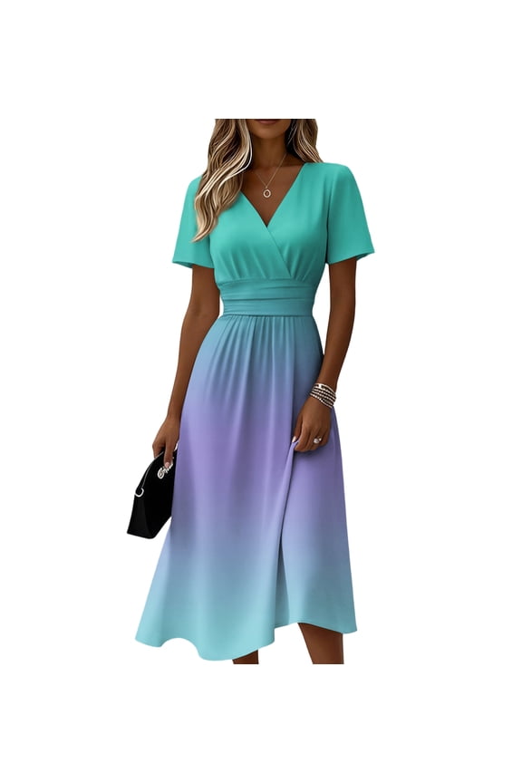 Easter Dresses for Women Casual Plus Size Wrap V Neck Solid Color Tunic Dress Casual Summer Short Sleeve Dress 2026