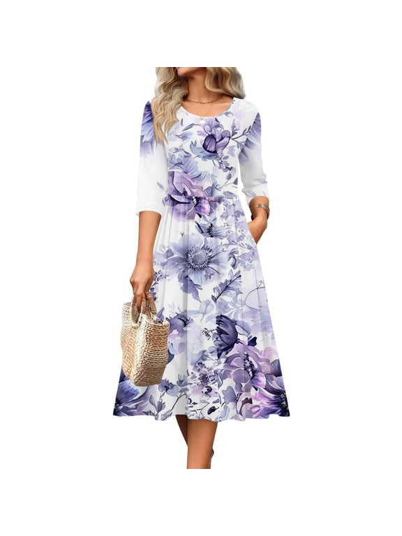 Easter Dresses for Women Floral Print 3/4 Sleeve A-Line Knee Length Swing Dress Casual Summer Beach Vacation Sundress with Pockets