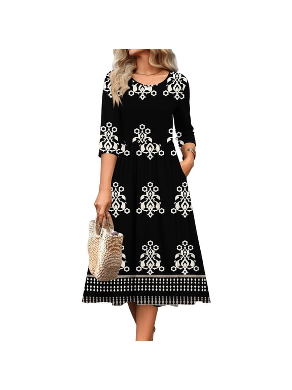 Easter Dresses for Women Floral Print 3/4 Sleeve Casual A-Line Knee Length Swing Dress Beach Vacation Sundress with Pockets