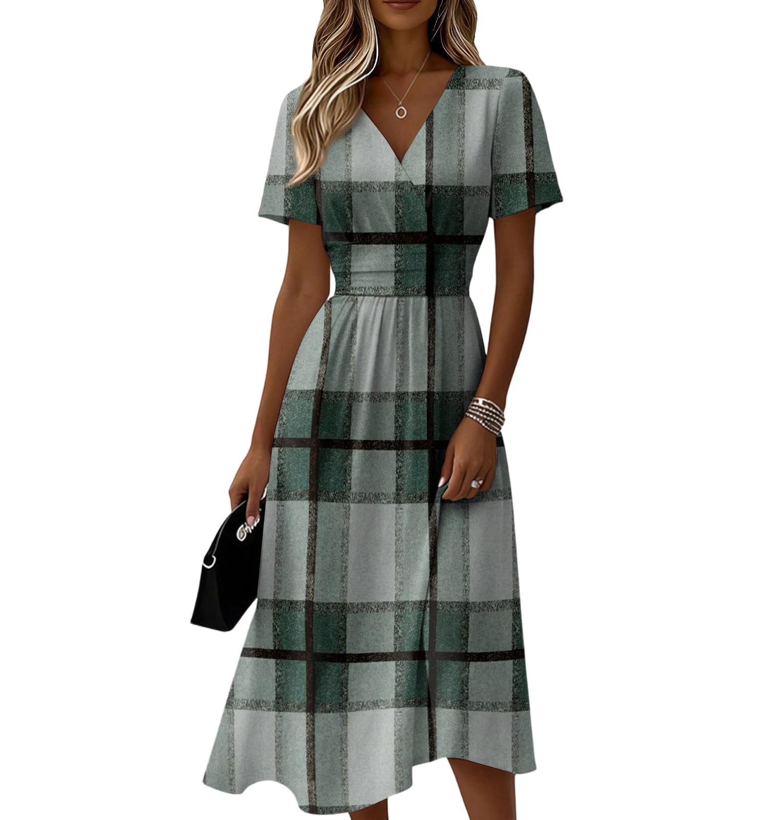 Easter Dresses for Women Short Sleeve Wrap V-Neck A-Line Dress Sundress ...