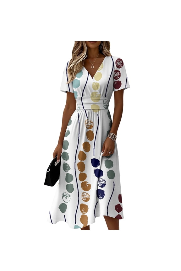 Easter Dresses for Women Short Sleeve Wrap V-Neck A-Line Dress Sundress Casual Summer Beach Vacation Dress