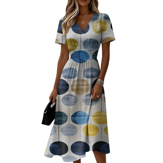 Easter Dresses for Women Short Sleeve Wrap V-Neck A-Line Dress Sundress Casual Summer Beach Vacation Dress