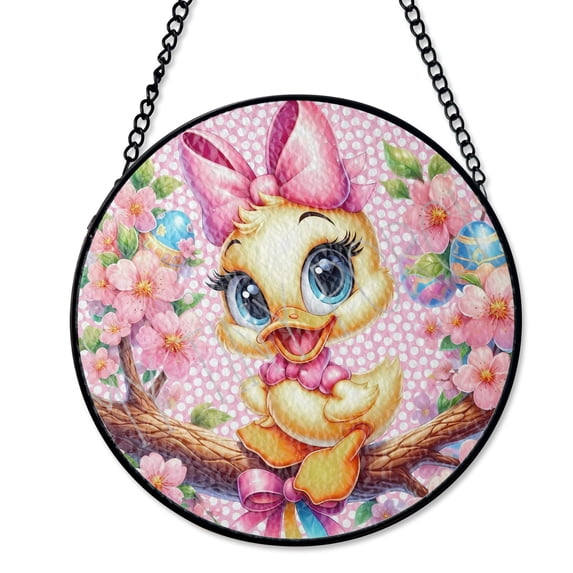 Easter Duck Spring Wreath Suncatcher Stained Glass Style, UV Printed Glass, Farmhouse Animal Window Hanging, Round