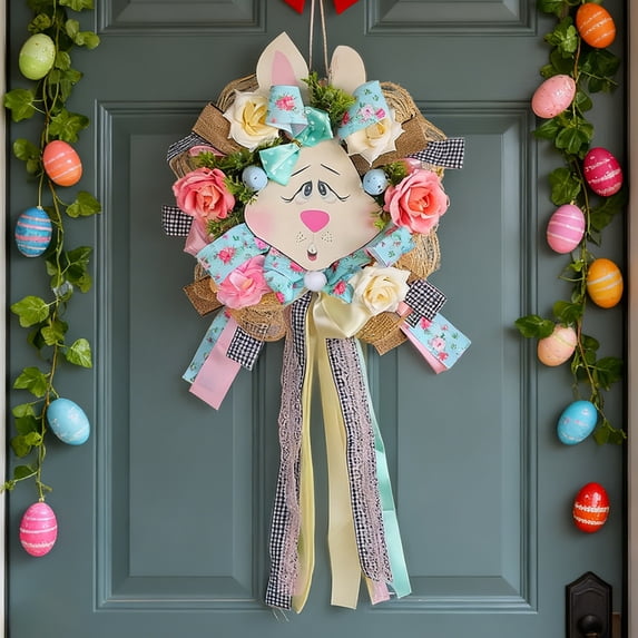 Easter Eaggs Decoration Bunny Easter Wreaths 23.6in Easter Door Hangers Front Door Wall Decoration Scene Arrangement Decoration Props