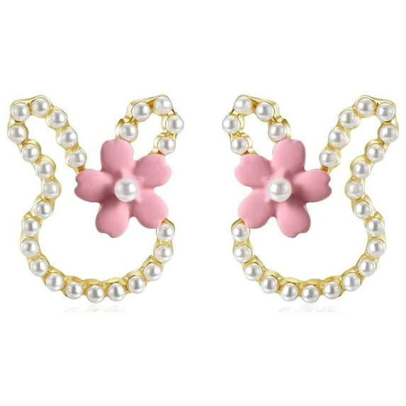 Easter Earrings Cute Bunny Rabbit Pearl Flower Stud Earrings for Women Spring Holiday Jewelry Gifts