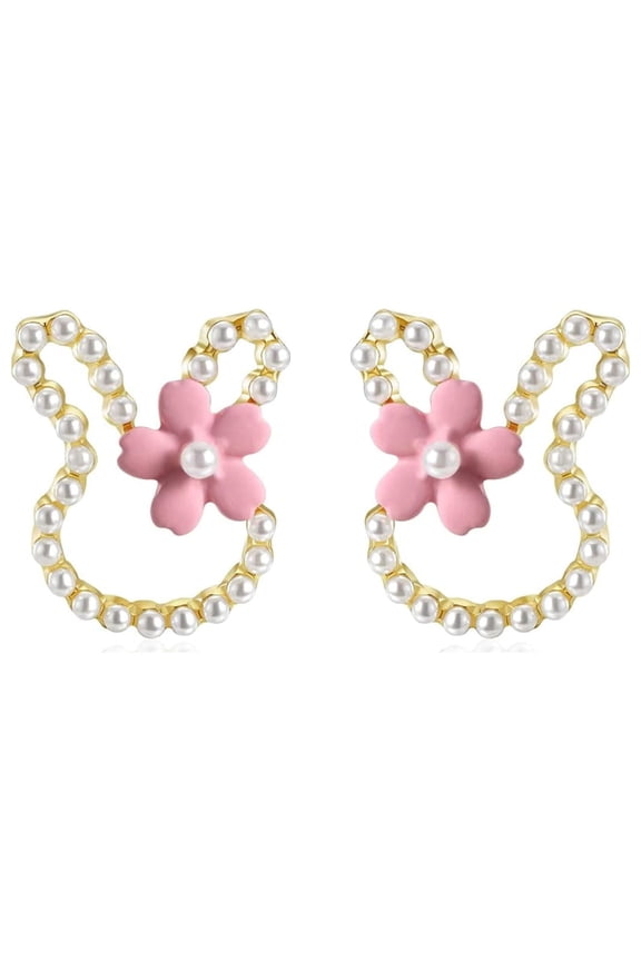 Easter Earrings Cute Bunny Rabbit Pearl Flower Stud Earrings for Women Spring Holiday Jewelry Gifts