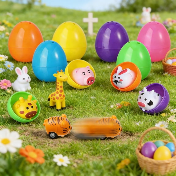 Easter Egg Animal Car Set with 6 Animal Vehicles and 6 Mini Egg Shells, Random Color Festive Decoration for Easter Basket, Holiday Display and Party