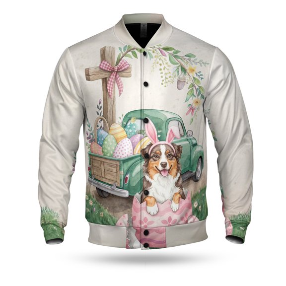Easter Egg Australian Shepherd Bunny Ear Welcome Spring Truck All Over Print 3D Baseball Jacket Aussie Dog Lover Gifts Bomber Jacket Softball - 12002