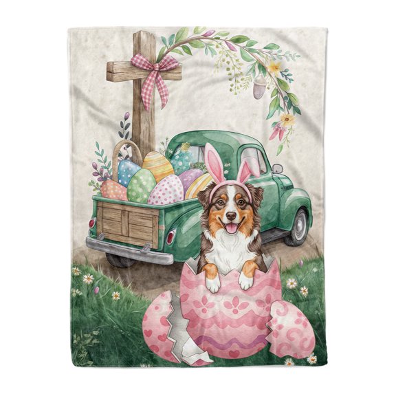 Easter Egg Australian Shepherd Bunny Ear Welcome Spring Truck Cozy Fleece Blanket Aussie Dog Lover Gifts Warm Soft Throw Blanket - 12002