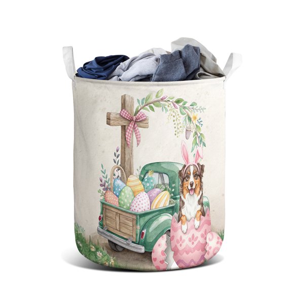 Easter Egg Australian Shepherd Bunny Ear Welcome Spring Truck Foldable Laundry Basket Aussie Dog Lover Gifts Organizer Storage with Handles - 12002
