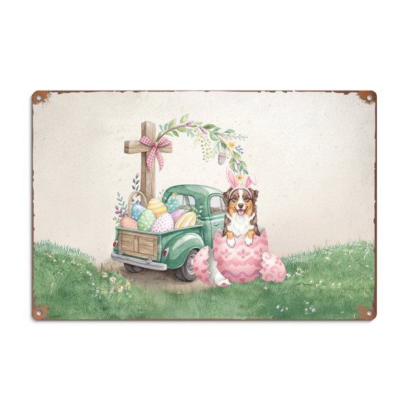 Easter Egg Australian Shepherd Bunny Ear Welcome Spring Truck Horizontal Metal Aluminum Sign Aussie Dog Lover Gifts Wall Art Home Decor - 12002
