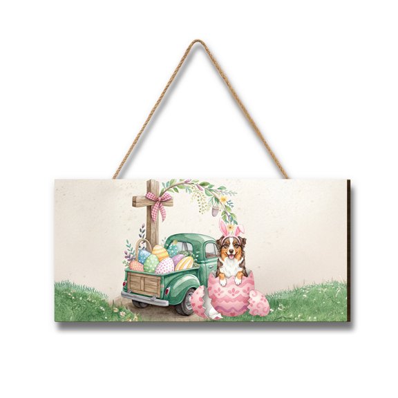 Easter Egg Australian Shepherd Bunny Ear Welcome Spring Truck Landscape Wood Sign Aussie Dog Lover Gifts Hanging Wall Home Decor - 12002