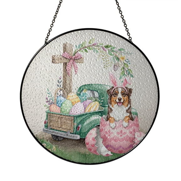 Easter Egg Australian Shepherd Bunny Ear Welcome Spring Truck Stained Glass Suncatcher Aussie Dog Lover Gifts Window Hanging Sign Decor - 12002