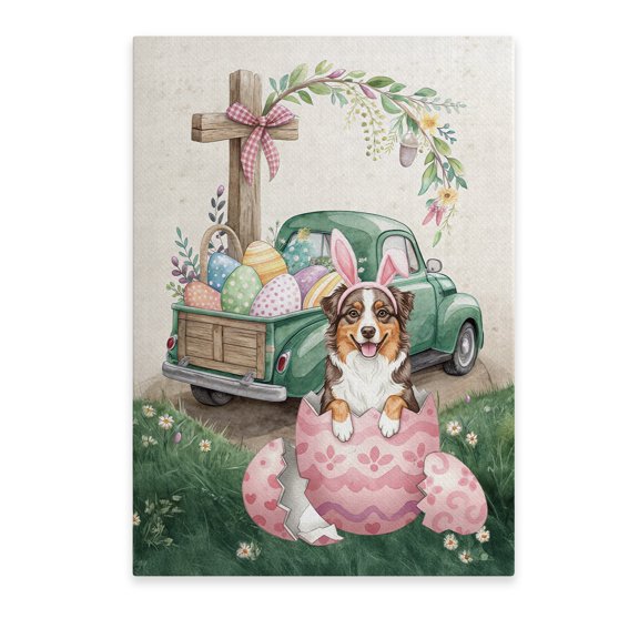 Easter Egg Australian Shepherd Bunny Ear Welcome Spring Truck Vertical Matte Canvas Poster Aussie Dog Lover Gifts Wall Art Home Decor - 12002