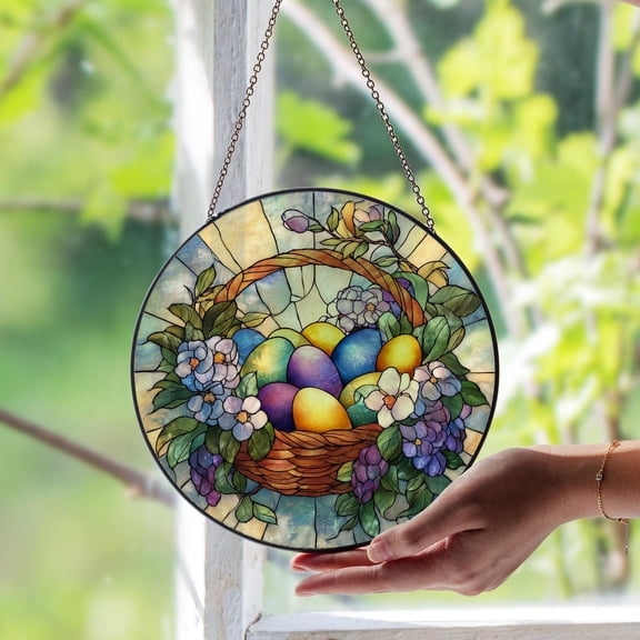 Easter Egg Basket Glass Suncatcher, Spring Window Art Decor, 6.3 in