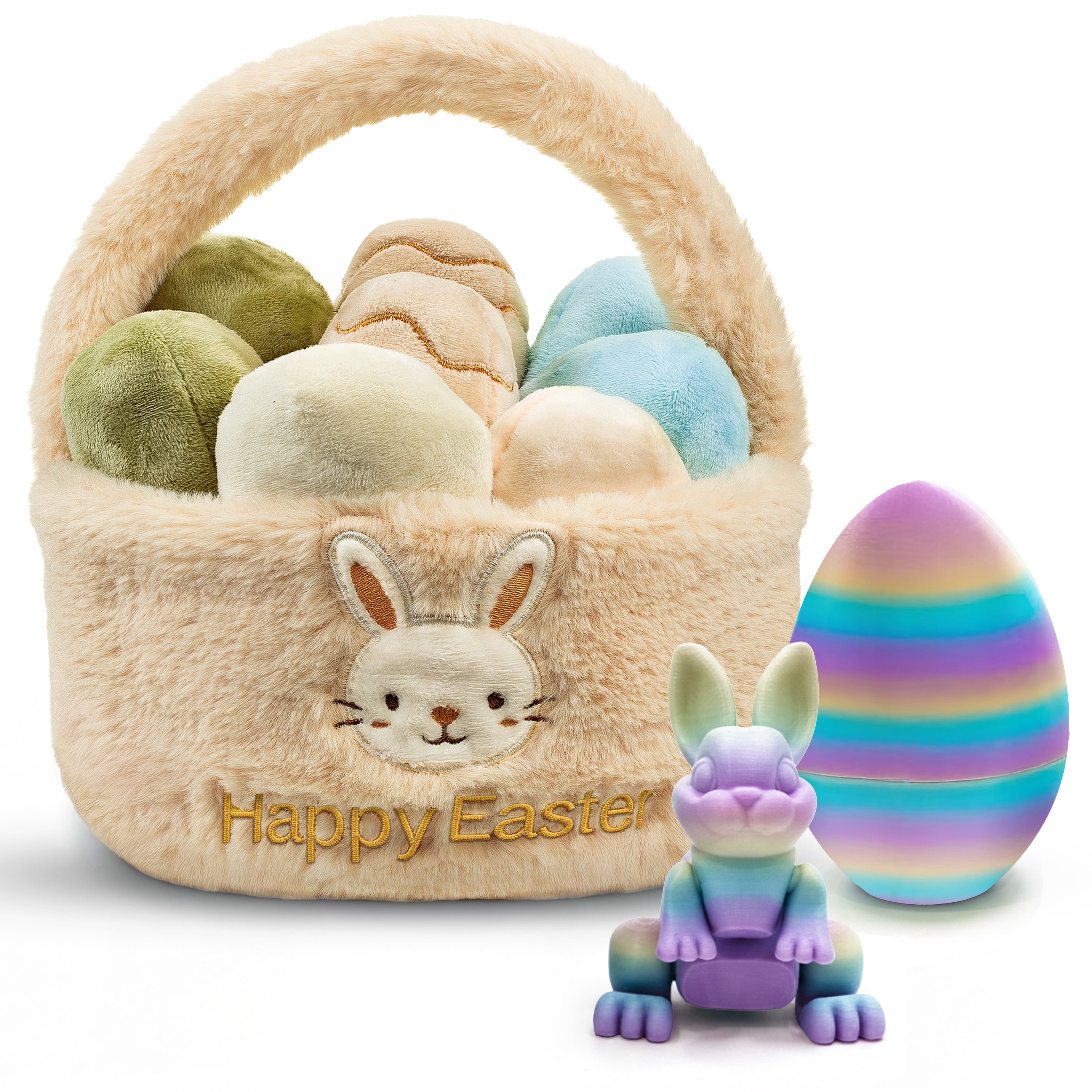 Easter Egg Basket Plush Toy with 3D Printed Bunny Surprise Eggs, Flexible Prefilled Easter Egs with Bunny, Soft Easter Egg Plush Toys, Easter Gift Set