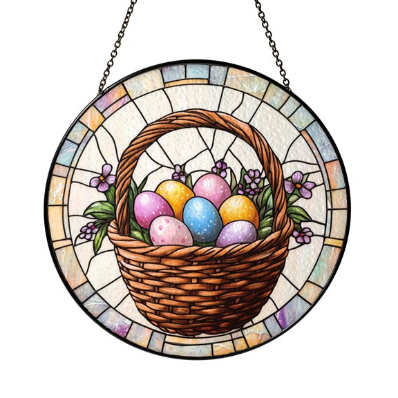 Easter Egg Basket Stained Glass Style Suncatcher Window Hanging Decor, Colorful Spring Sun Catcher Ornament for Home Window Decoration, Seasonal Decorative Art Gift