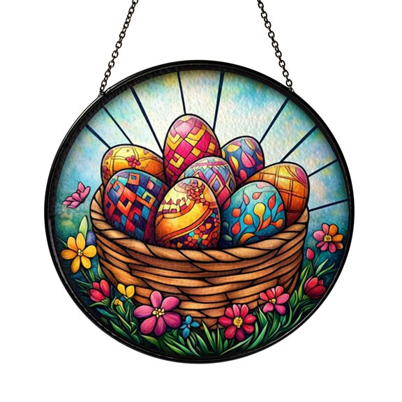 Easter Egg Basket Stained Glass Style Suncatcher Window Hanging Decor, Spring Decorative Glass Panel Art Window Ornament Seasonal Home Decor