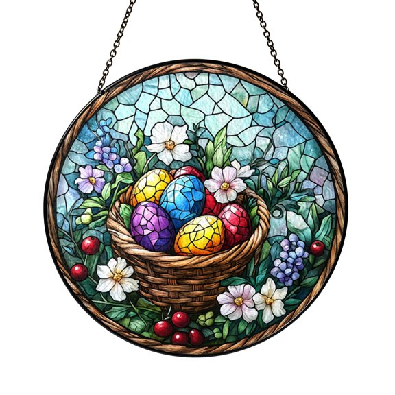 Easter Egg Basket Stained Glass Window Suncatcher, Colorful Holiday Sun Catcher Art, Spring Window Decor Accent