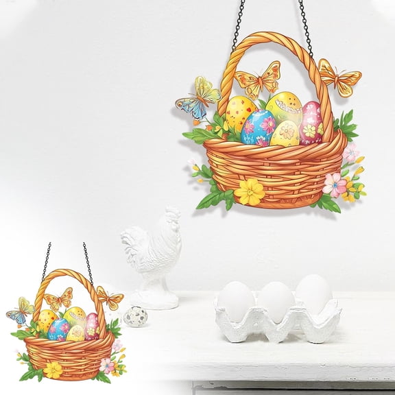 Easter Egg Basket Sunshade Pendant with Stained Glass Reflections, 20cm Colorful Hanging Ornament, Chain Style Spring Holiday Decoration