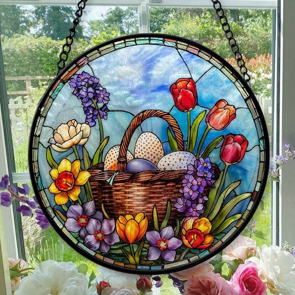 Easter Egg Basket11 Hanging Stained Glass for Windows, Holiday Festival Ornament, Gift for Mom, Romantic Valentine Decoration, Holiday Tree Ornament, Heirloom 2025