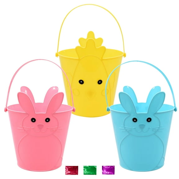 Easter Egg Baskets with Handles Set of 3, Pink Blue Bunny Yellow Chick Plastic Buckets, Empty Easter Baskets Gift Basket Party Favor Egg Hunt Gift Decorations w/Snoep in Beperkte Oplage