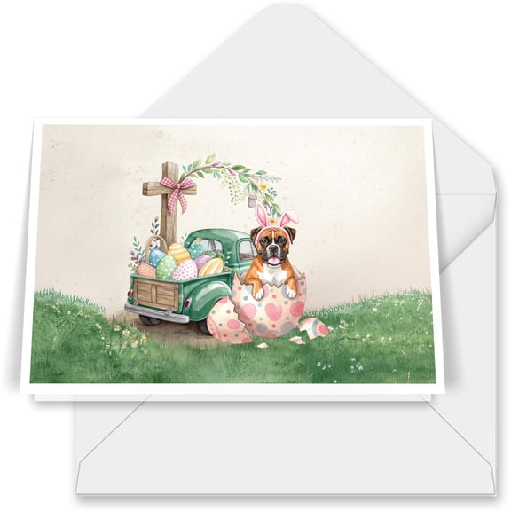 Easter Egg Boxer Bunny Ear Welcome Spring Truck 7x5in Folded Greeting Card Boxers Dog Lover Gifts Idea Single Note Card with Envelope - 12002