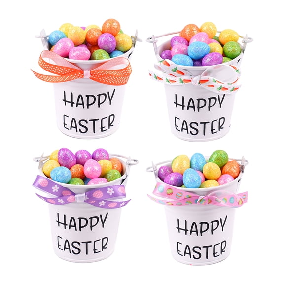 Easter Egg Bucket Table Decor, Foam Egg Filled "Happy Easter" Metal Pail with Ribbon, Spring Home & Office Decoration, Ideal for Easter Party & Gift