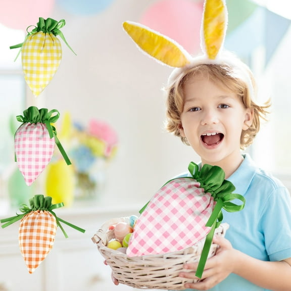 Easter Egg Bunny Carrot Shape Plaid Pattern Bag Party Candy Gift Wrap Bags, 4.7in x 7.4in