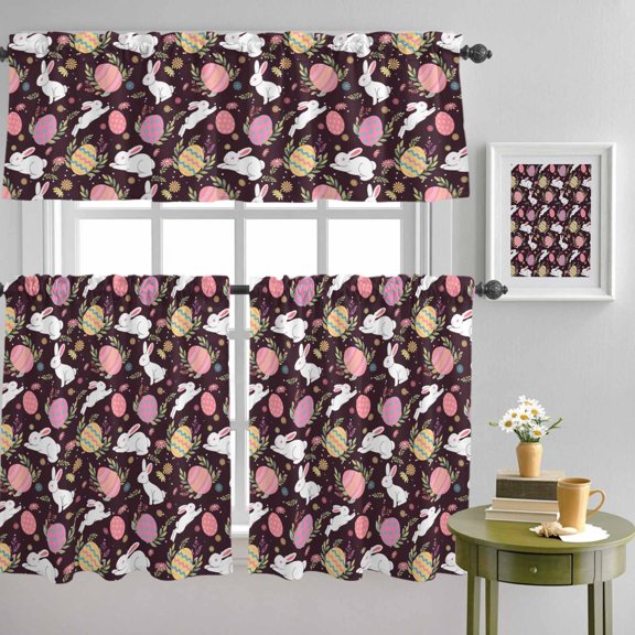 Easter Egg Bunny Country Herb Curtain Tier and Valance Set 3 Piece, Farmhouse Rabbit on Black 3-inch Rod Pocket Window Tier Curtains Valance for Kitchen Living Room
