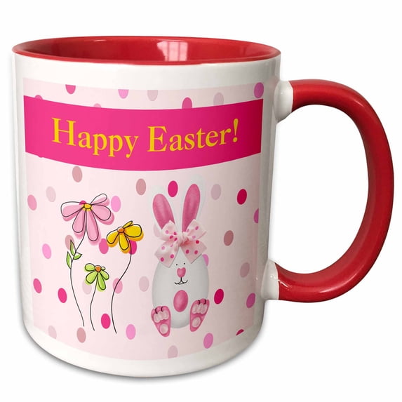 3drose, Easter Egg Bunny Rabbit with Flowers on Dots, Pink, Yellow, and Green, 11oz Two-tone Red Mug