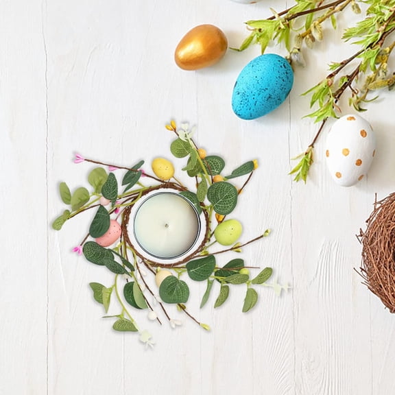 Easter Egg Candle Rings Wreaths Artificial Easter Egg Wreath Spring Greenery Candle Holder Wreaths for Easter Holiday Home Kitchen Table Centerpiece Pastel Eggs Berry Decor 1Pcs