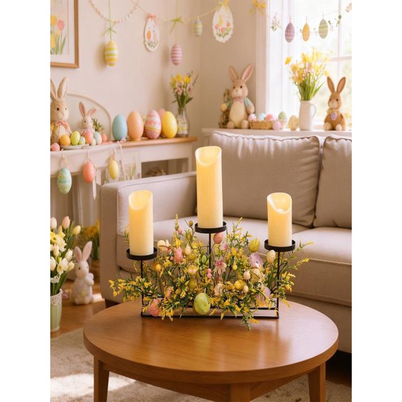 Easter Egg Candlestick Ornament Festive Party Table Centerpiece Artificial Green Plants Candlestick 17.71x10.23x7.08 in for Dining Table Decor and Holiday Gatherings