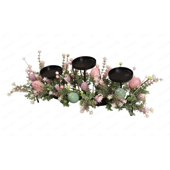 Easter Egg Candlestick Ornament with Artificial Green Plant, Festive Party Table Centerpiece, Home Dining Table Decor - Without Light