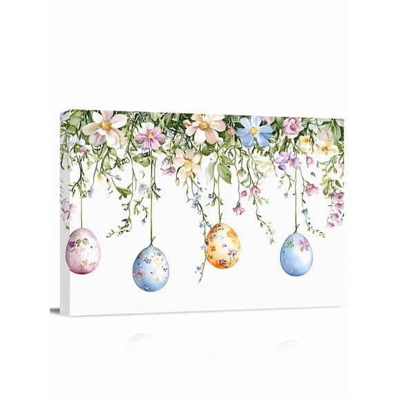 Easter Egg Canvas Print Wall Art Spring Leaf Watercolor Floral Plants Pictures Painting Morden Artwork for Living Room Bedroom, Ready to Hang - 12"x16"