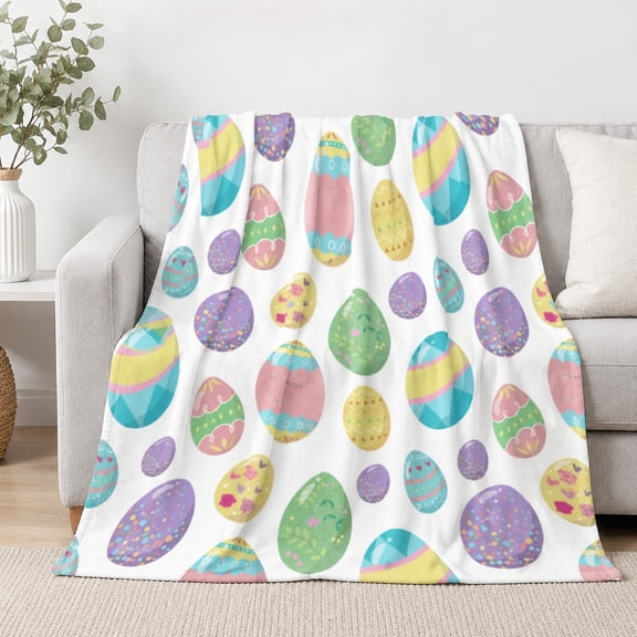 Easter Egg Cartoon Fleece Throw Blanket, Soft 280 GSM Polyester, Easter Home Decor Gift