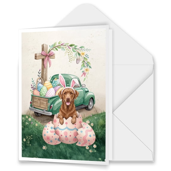 Easter Egg Chesapeake Bay Retriever Bunny Ear Welcome Spring Truck 5x7in Folded Greeting Card Chessie Dog Lover Single Note Card with Envelope - 12002