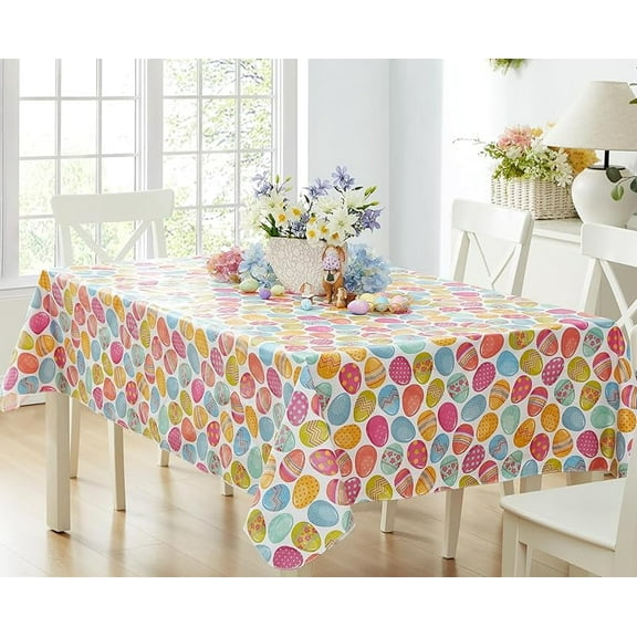 Easter Egg Color Explosion Vinyl Flannel Backed Tablecloth, Cheerful Spring Easy Care Vinyl Tablecloth with Flannel Backing, 52 x 70 inch Rectangle