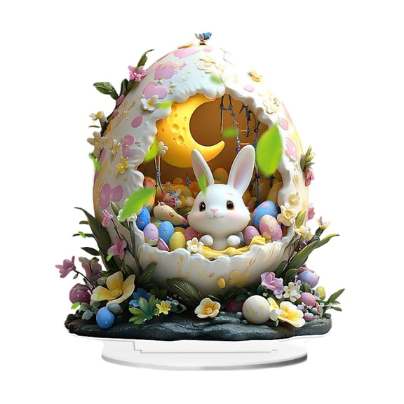 Easter Egg Cute Bunny Acrylic Desktop Standee 2D Flat Cartoon Animal Ornament With Colorful Eggs & Floral Details Festive Easter Tabletop For Home Desk Shelf Adorable Easter White 20x19cm