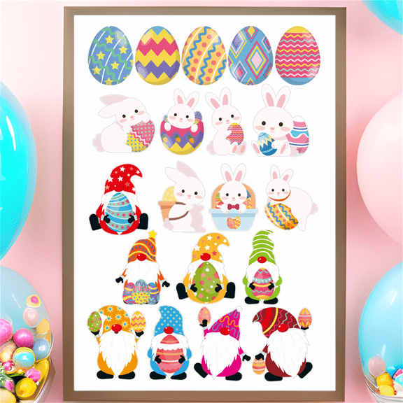 Easter Egg Cutouts Bulletin Board Decoration Set Colorful Bunny Eggs and Gnome Decals Stickers DIY Cardstock Paper Cutout Happy Easter Egg Hunt Game Party Supplies Decor for Classroom Bedroom