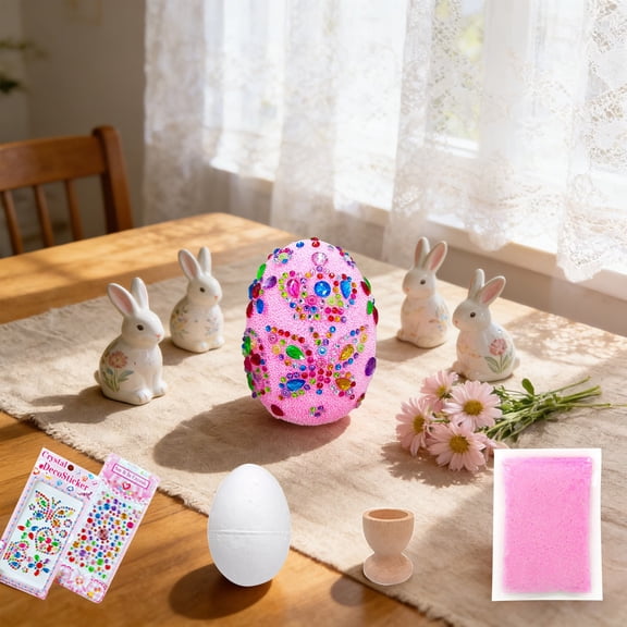 Easter Egg DIY Craft Kit for Kids, Pink Foam Egg with Rhinestones & Glitter