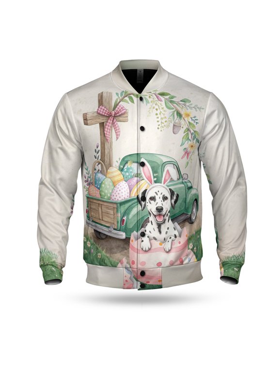 Easter Egg Dalmatian Bunny Ear Welcome Spring Truck All Over Print 3D Baseball Jacket Dog Lover Bomber Jacket Softball - 12002