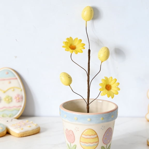 Easter Egg Decor with Mini Daisy and Berry Picks, Pearl Accent Tree Ornaments, Spring Floral Stems for Holiday Arrangement, Cute Pastel Decor for Home Table and Easter Party, 11.8in/30cm, Yellow