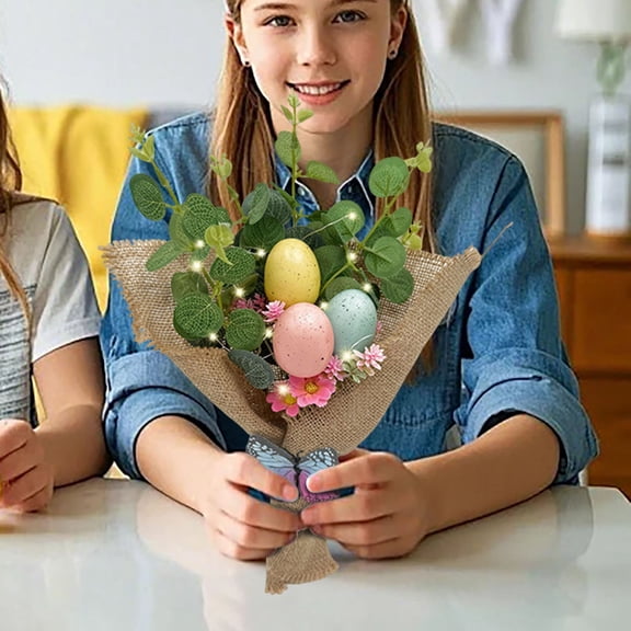 Easter Egg Decoration Tree, LED Light Up Artificial Flower Holder, Spring Holiday Table Centerpiece, Faux Floral Arrangement Decor, Battery Powered Warm Light Ornament, Desktop Party Gift
