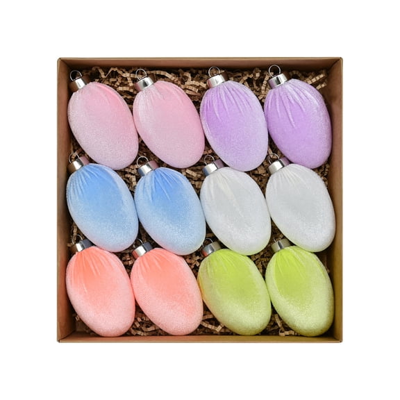 Easter Egg Decorations, 12-Pack Colored Flocked Easter Eggs With Hanging Ornaments, Plush Easter Bunny Eggs For Party Favors, Home Decor, And Event Setup, Easter Egg Decorations