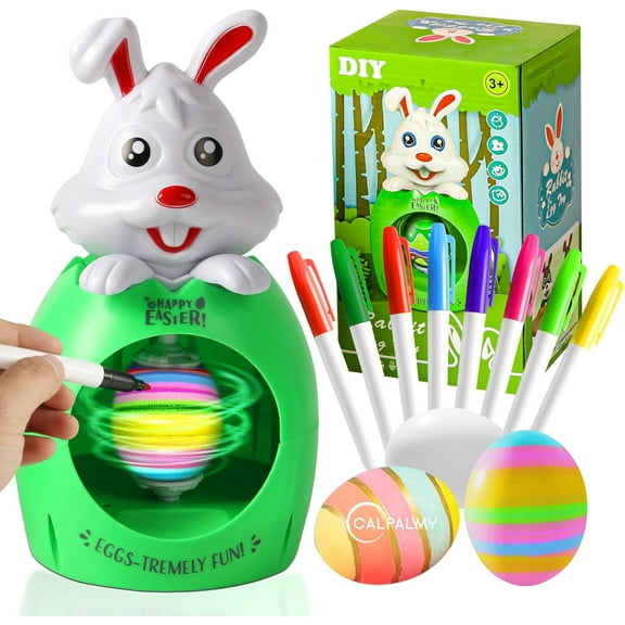Easter Egg Decorator Kit - Eggs Painting Arts and Craft Set Includes Bunny Egg Decorating Spinner and 8 Colorful Quick Drying Non-Toxic Markers, 3 Plastic White Eggs