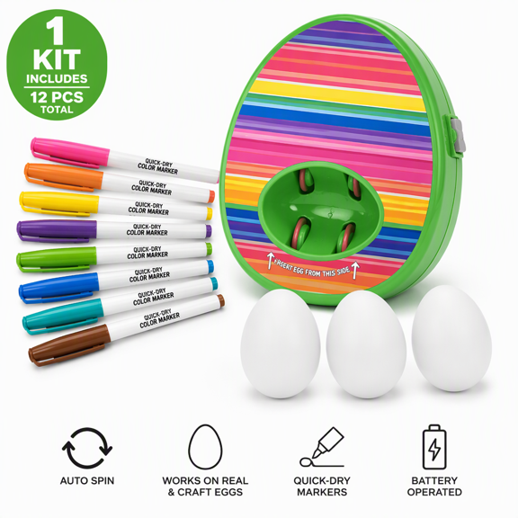 Easter Egg Decorator Kit, Motorized Rotating Egg Painting Machine with 8 Quick-Dry Markers & 3 Craft Eggs, DIY Decorating Spinner for Real & Craft Eggs