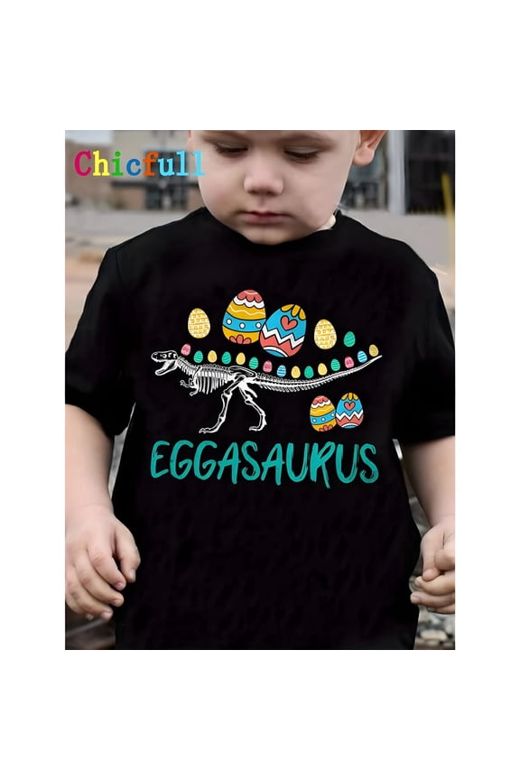 Easter Egg Dinosaur Black T-Shirt - Dinosaur skeleton paired with colorful eggs, casual crew neck, machine washable - Fun spring/summer wear, teen casual wear | Easter egg decoration design